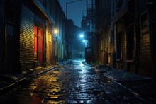 A Dark Alleyway At Night With Rain On The Cobblestone Street
