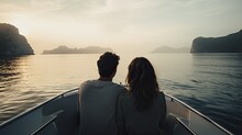 A Young Couple On A Motorboat, Gliding Smoothly Across Calm Waters. The Minimalist Style Highlights The Tranquility Of The Cruise Trip.
