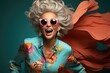 © piai - Close up photography of a funny and positive grandmother wearing colorful outfit is dancing. Generation AI