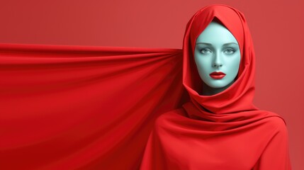 Wall Mural - A woman in a red scarf and blue face, AI