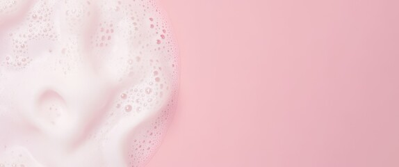 White shampoo, lotion foam on pink pastel background. Wide banner, cover with copy space for text. Beauty, skin care concept. AI generative. 