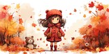 Fototapeta Dziecięca - watercolor style illustration of cute little girl play with teddy bear in autumn forest, Generative Ai