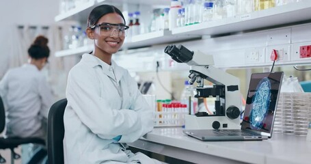 Poster - Science, microscope and a student girl in a lab for research, innovation or medical breakthrough. Portrait, smile and arms crossed with a young scientist working in a pharmaceutical laboratory
