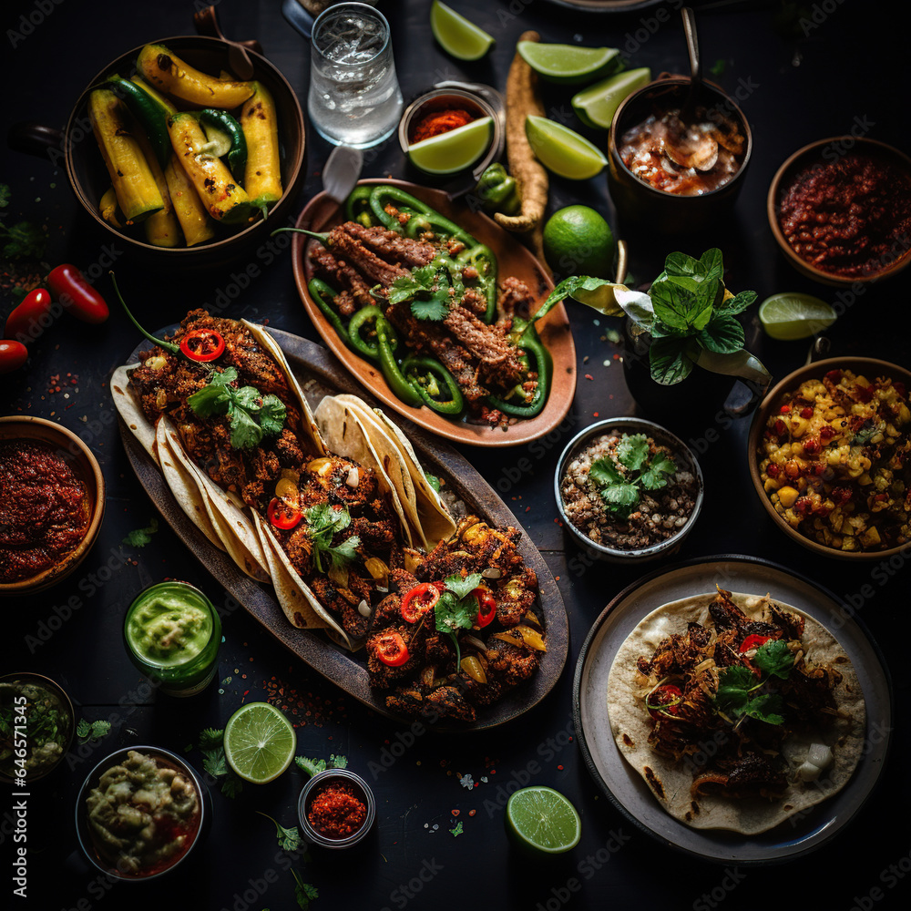 Mesa con comidas mexicana: tacos, frigoles, carne de res, burritos ...