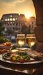 Mesa de restaurante elegante en Italia, cerca del Coliseo Romano.
Comida típica italiana. Surtido de tapas y canapés en la mesa del bar. Luz tenue y ambiente romántico. IA generada.