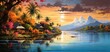 painting style illustration of beautiful nature landscape of rural countryside of Southeast Asian,  village at riverside at sunset time, Generative Ai