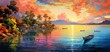 © QuietWord - painting style illustration of beautiful nature landscape of rural countryside of Southeast Asian,  village at riverside at sunset time, Generative Ai
