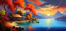 Painting Style Illustration Of Beautiful Nature Landscape Of Rural Countryside Of Southeast Asian,  Village At Riverside At Sunset Time, Generative Ai