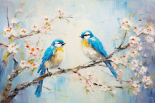 Blue Yellow Birds Sitting On Spring Branch Acrylic Painting. Canvas Texture, Brush Strokes.