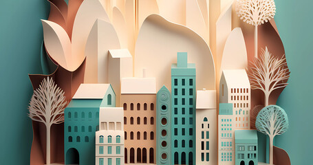 abstract colorful 3d art in paper cut style city art