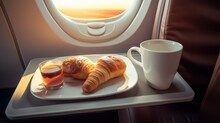 Cup Of Fresh Coffee And Croissant, Served On A Business Class Seats, In An Airplane. Generation AI