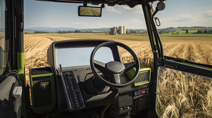 Interior of a modern tractor cabin during wheat harvest. Combine control interface. POV view from the cab. Concept of contemporary agrarian technologies, high-tech machinery, AI-driven machines