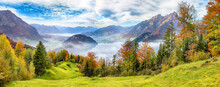Outstanding Autumn View On Suburb Of Stansstad City  And Lucerne Lake With Mountaines And Fog.