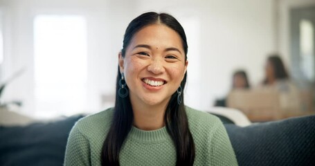 Sticker - Happy, smile and face of woman on sofa laughing in comfort of living room in home to relax with family on weekend or holiday. Asian, female or portrait of happiness in Singapore morning in house