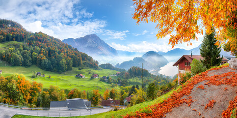 Wall Mural - captivating autumn view on suburb of stansstad city and lucerne lake with mountaines and fog