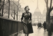 Woman Walking Through Paris In 1950, Vintage Monochromatic