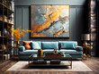 Large multilayer turquoise and yellow abstract painting in the living room. Modern interior design front facing living room with a blue sofa. Spacious, bright room minimally designed.