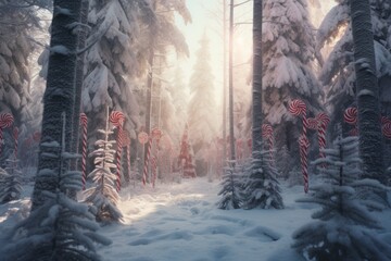 Wall Mural - A magical winter christmas forest of towering candy canes and sugary delights, where snowflakes glisten like diamonds