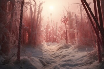 Wall Mural - A magical winter christmas forest of towering candy canes and sugary delights, where snowflakes glisten like diamonds