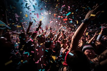 Wall Mural - colorful confetti raining down on a joyous crowd as the clock strikes midnight at new years eve, cre