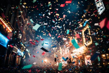 Wall Mural - colorful confetti raining down on a joyous crowd as the clock strikes midnight at new years eve, cre