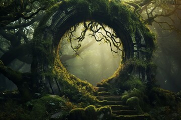 Wall Mural - A hidden portal in a mystical forest, where the boundary between our world and the realm of fantasy blurs