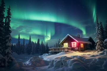 Wall Mural - A magical christmas winter scene at the North Pole, where Santa's workshop twinkles with fantastical holiday lights