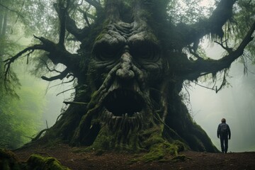 Sticker - A colossal, ancient tree that serves as the guardian of a mystical forest, its roots delving deep into the earth