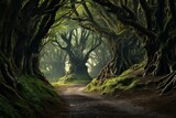 Fototapeta Przestrzenne - An enchanting but perilous ancient dark forest, with its towering trees and eerie foggy atmosphere