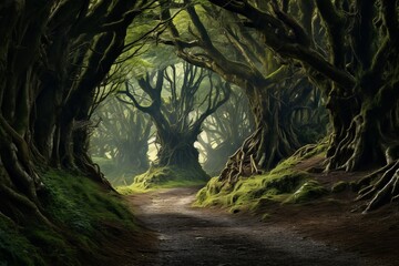 Wall Mural - An enchanting but perilous ancient dark forest, with its towering trees and eerie foggy atmosphere