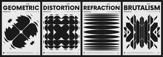 Fototapete - Modern abstract poster collection, vector minimalist posters with geometric shapes in black and white, brutalist style inspired graphics, bold aesthetic, shape distortion effect