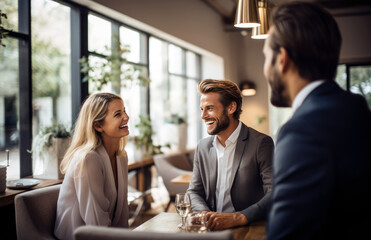 Wall Mural - businesspeople laughing and talking about their work together in restaurant