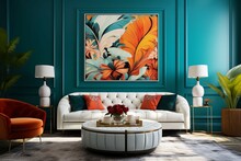 Chic White Curved Tufted Sofa And Pouf Against Teal Classic Wall Panels With Vibrant Colorful Art Poster. Art Deco Style Home Interior Design Of Modern Living Room
