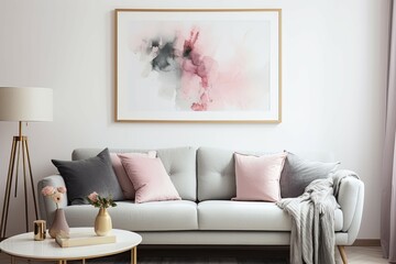 Grey sofa with pink pillows and blanket against white wall with abstract art poster. Interior design of modern living room.