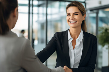 Wall Mural - happy middle aged business woman meets its client and shakes hands in a modern office. smiling femal