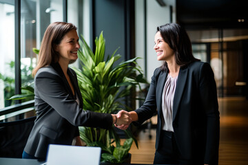 Wall Mural - happy middle aged business woman meets its client and shakes hands in a modern office. smiling femal