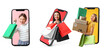 © Pixel-Shot - Collage with smartphones and young women holding parcels and shopping bags on white background