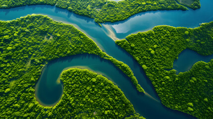 aerial view of a river delta with lush green vegetation and winding waterways
