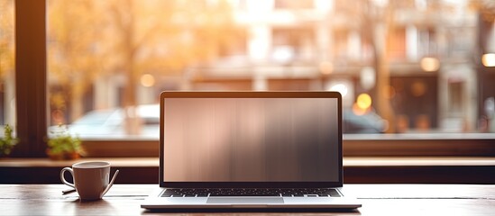 Wall Mural - Blurred background behind a laptop displaying a blank screen on a table.