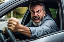 Very Angry Man Shouting While Driving His Car In Traffic