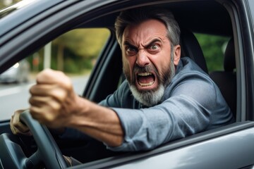 Very angry man shouting while driving his car in traffic