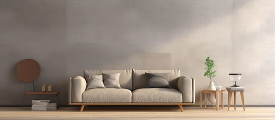 Modern interior simulation with a gray sofa in a light brown room, rendered in .