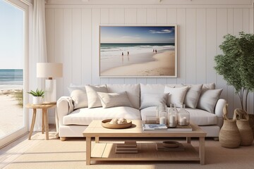 Canvas Print - Coastal Cottage Living Room with a white slipcovered sofa, seashell accents, beachy artwork, and a laid-back, coastal vibe. Coastal home decor. Template