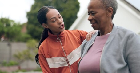 Poster - Fitness, wellness and a coach with an elderly black woman outdoor for a dumbbell workout, health or mobility. Exercise, physiotherapy or rehabilitation with a personal trainer and client training