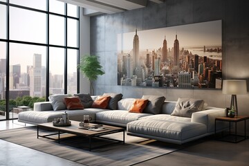 Urban Living Room with a gray sectional sofa, glass coffee table, cityscape wall mural, and modern artwork. City - inspired home decor.