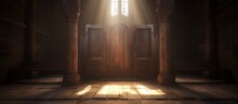 Unoccupied Wooden Confessional In The Sunlight Of The Aged Church.