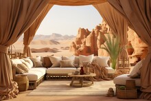Arabian Desert Oasis Lounge With Opulent Furnishings, Silk Drapes, And An Oasis-inspired, Luxurious Desert Escape. Arabian Desert Oasis Home Decor. Template