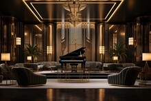 Art Deco Jazz Club With A Grand Piano, Velvet Banquettes, Brass Details, And A Jazzy, Art Deco Ambiance. Art Deco Jazz Club Home Decor. Template