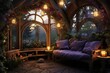 Enchanted Garden Retreat with a lush indoor garden, vine-covered walls, fairy lights, and a magical, nature-inspired design. Enchanted garden home decor. Template