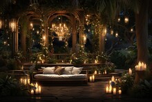 Enchanted Garden Retreat With A Lush Indoor Garden, Vine-covered Walls, Fairy Lights, And A Magical, Nature-inspired Design. Enchanted Garden Home Decor. Template